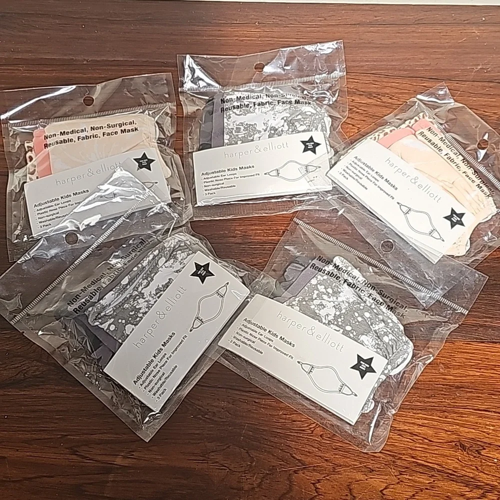 NEW harper & elliott 5 packs @ 3 kid's face masks adjustable reusuable washable